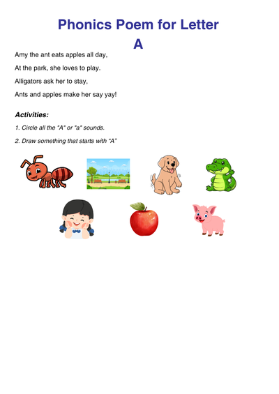 Letter A Phonics Worksheet with Animals and Objects