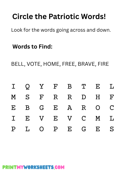 Patriotic Word Search Worksheet