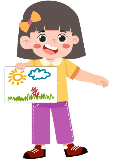 Girl holding worksheet with educational elements