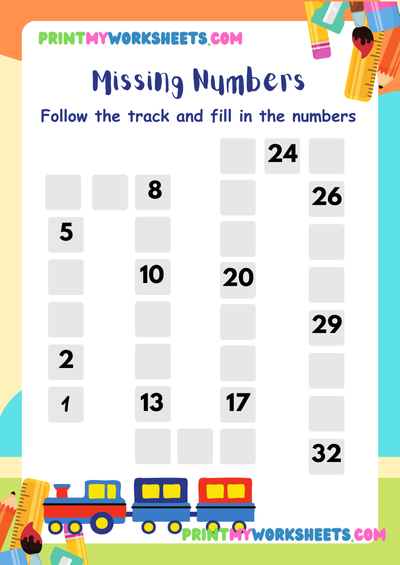 Kindergarten Missing Numbers 1-100 Worksheet